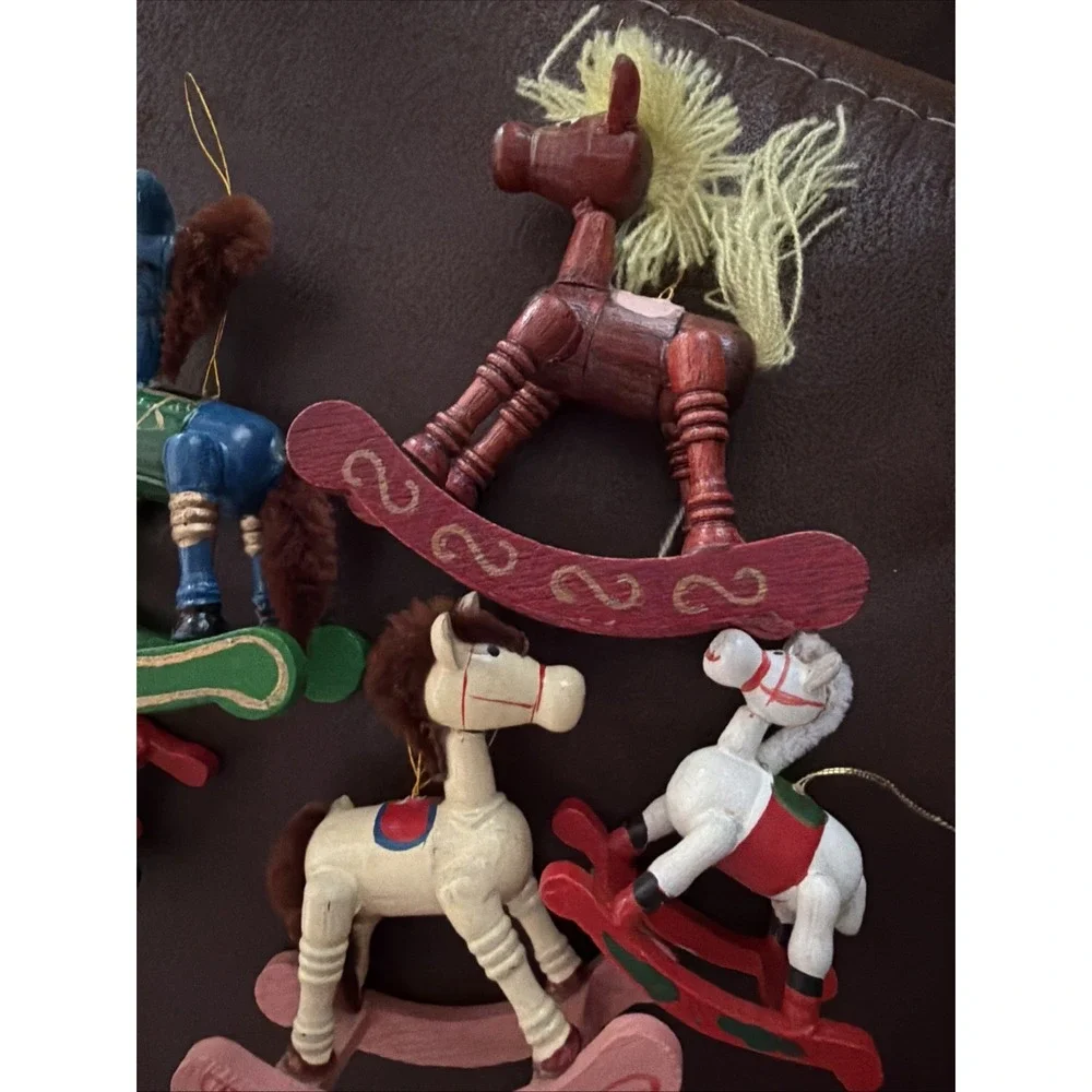 Vintage Lot of 5: Wooden Rocking Horses Christmas Ornaments